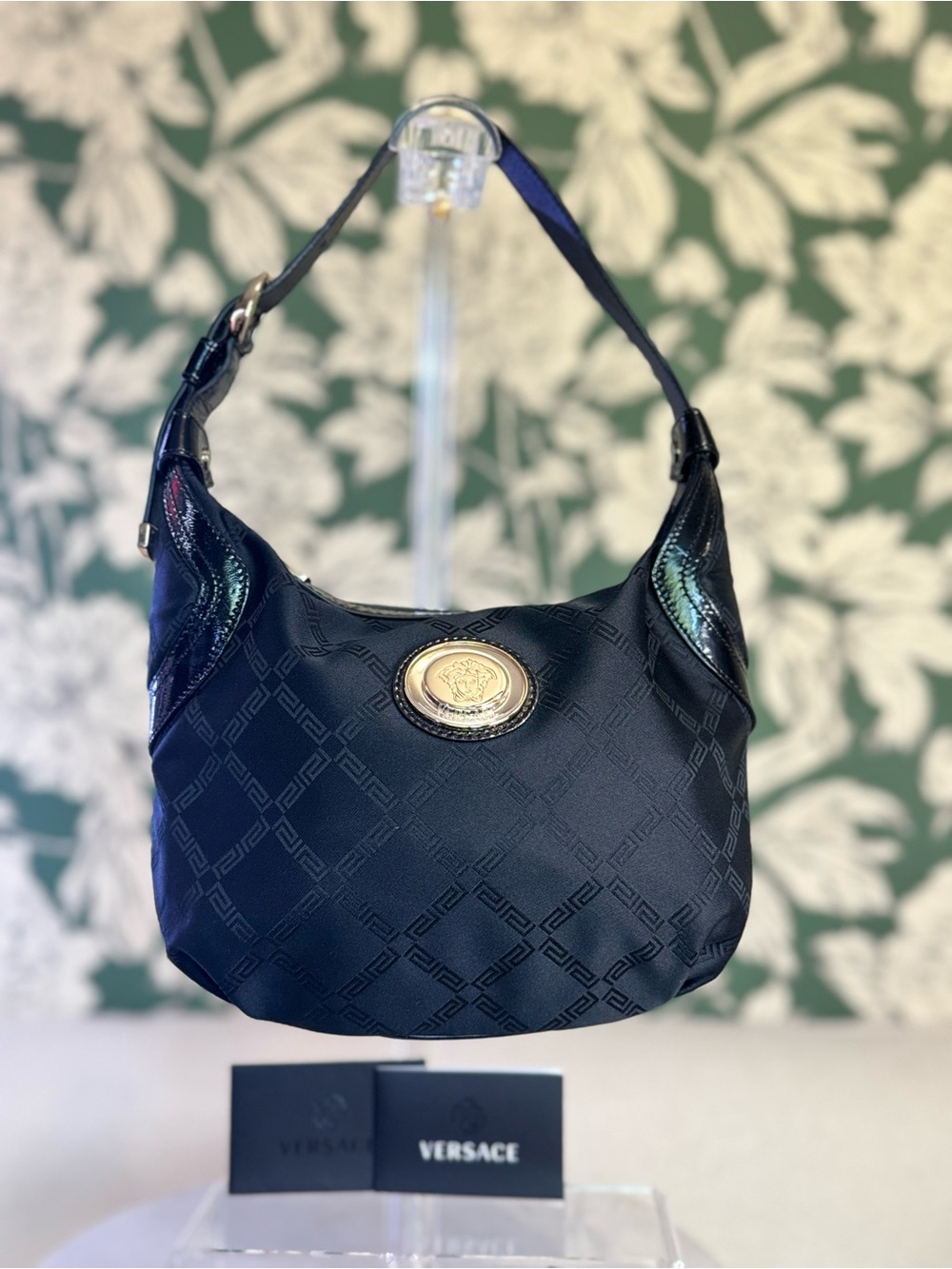 Versace Black Logo Jacquard Hobo Bag EUC